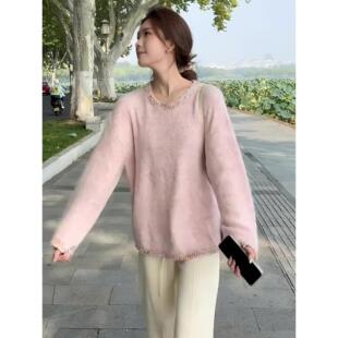 JOYIASS粉色圆领软糯套头毛衣女款2025新款秋冬季慵懒高级感时尚