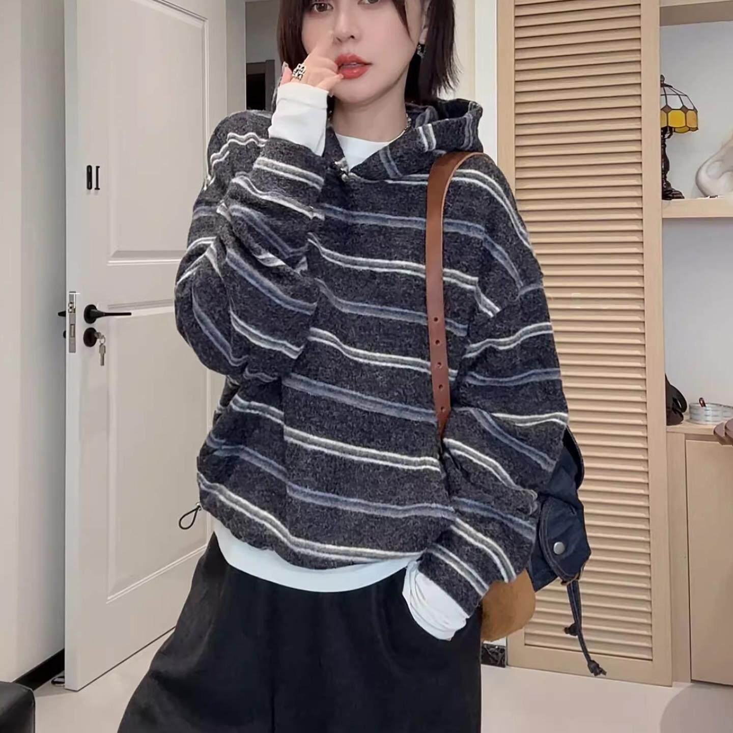 JOYIASS休闲条纹连帽卫衣女款2025新款秋冬季爆款时尚洋气宽松慵