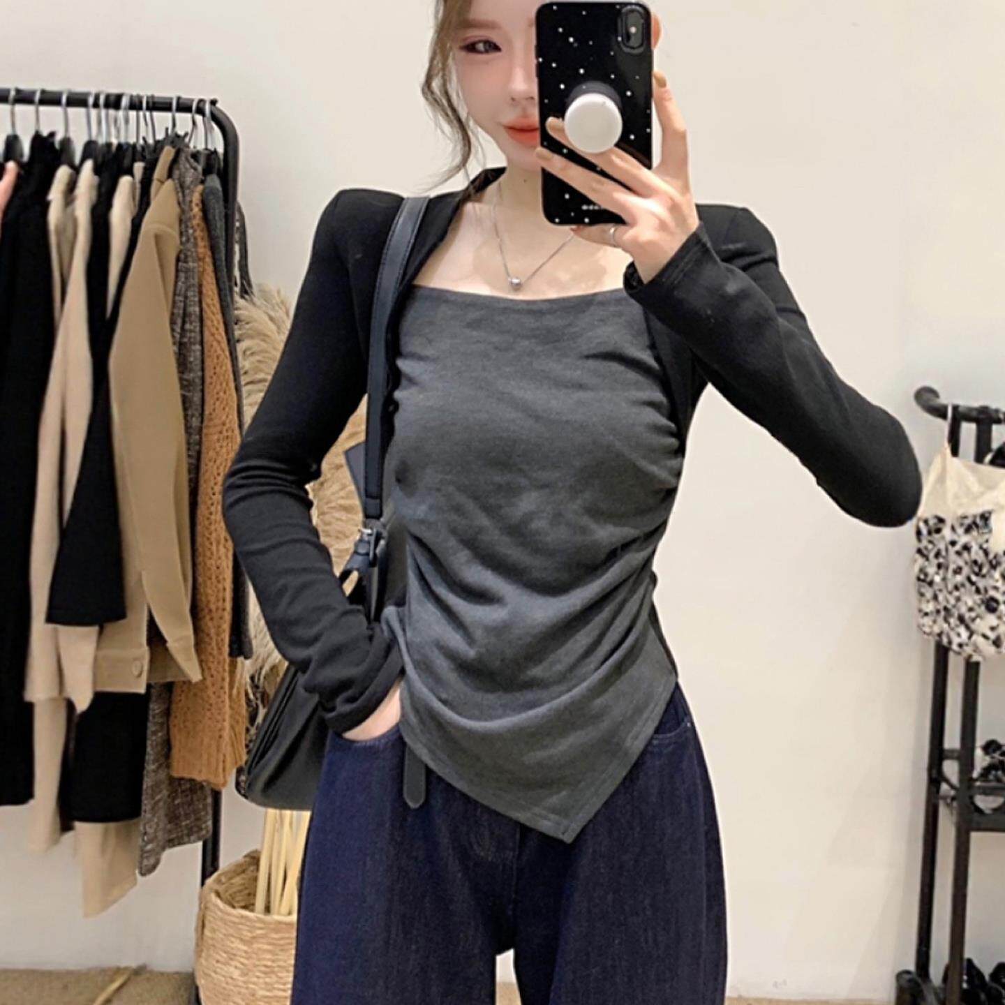 JOYIASS不规则长袖加绒t恤女2025新款秋冬季保暖内搭打底衫修身显