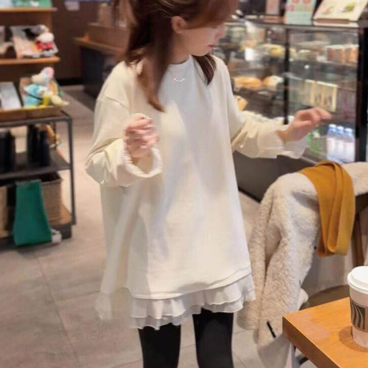 JOYIASS韩系撞色花边长袖t恤女2025新款秋冬季内搭中长款上衣遮屁