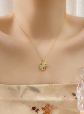 团扇蝴蝶项链女S925纯银天然和田玉烤漆吊坠颈链高级感国风锁骨链