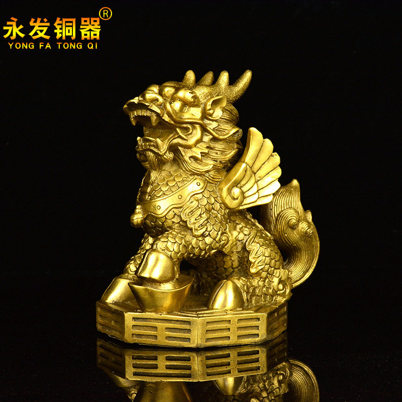 黄铜麒麟摆件一对 铜麒麟 大号踩八卦麒麟工艺品礼品家居摆件