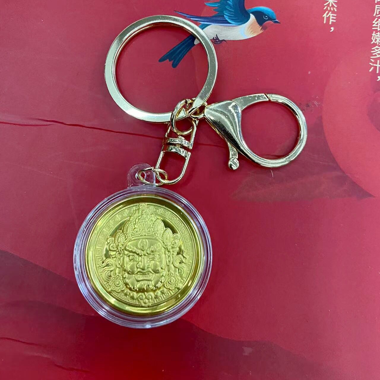 藏式财运挂绳手机链挂件女藏族金箔黄财神金色创意钥匙扣挂饰品