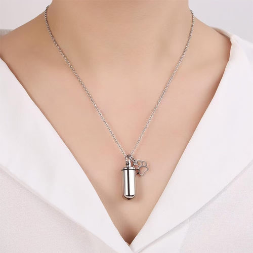 百年家事殡葬厂家新品不锈钢圆柱带爪印纪念亲人宠物骨灰吊坠钥匙