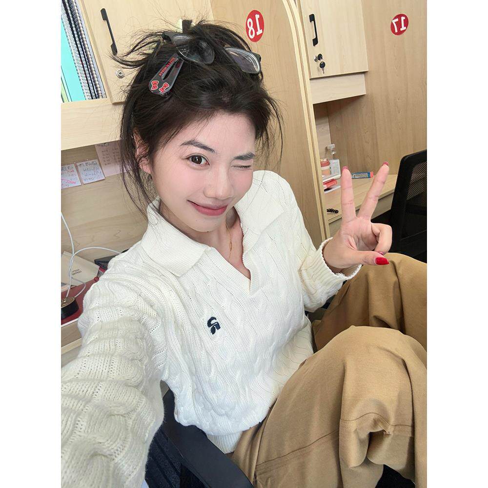 JOYIASS白色polo翻领毛衣女早秋气质超好看单穿慵懒松弛感小众针