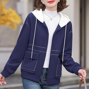 JOYIASS2024秋冬新款减龄连帽外套 咖啡色宝蓝色撞色设计 女士加