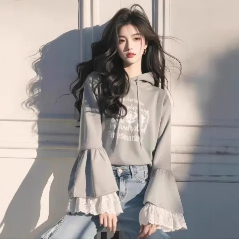女超好看小众花边春季拼接202卫衣/绒衫