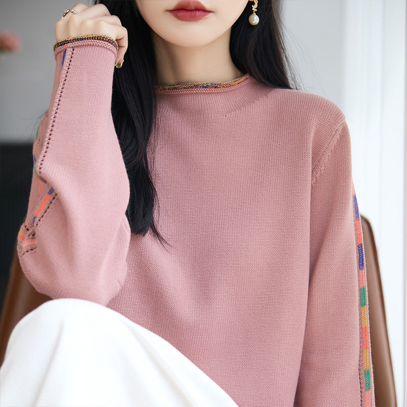 半高领印花复古针织衫女式上衣2026秋季新款宽松薄款套头拼接毛衣