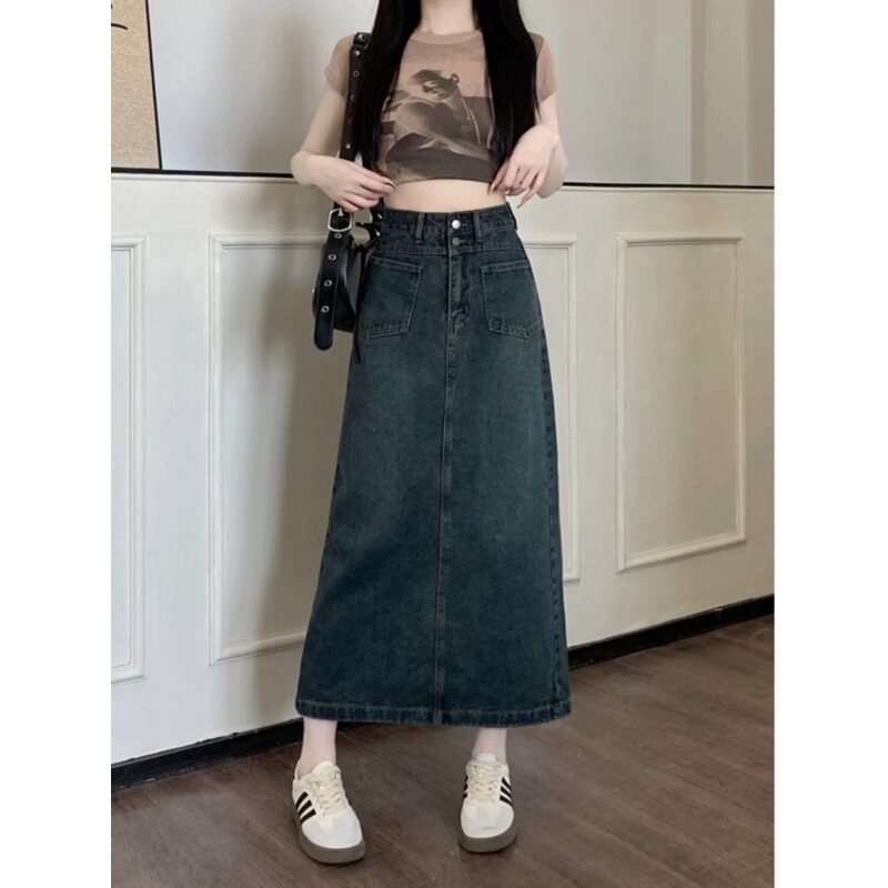 复古开叉牛仔半身裙女春夏新款大码a字高腰遮胯梨型身材中长裙子