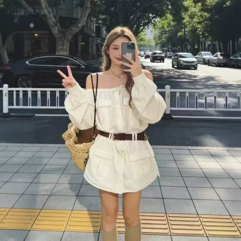复古工装长袖一字肩衬衫连衣裙女性感辣妹感气质显瘦气质短裙