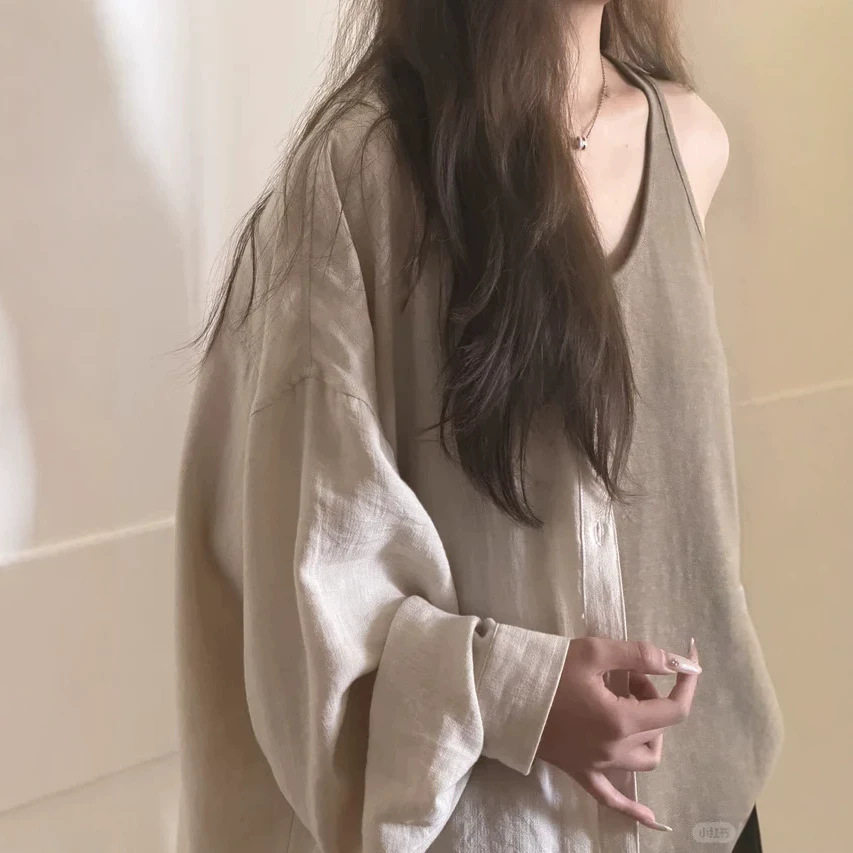 2026女士春夏新款韩系棉麻衬衫外穿爆款遮肉多巴胺显瘦百搭外穿