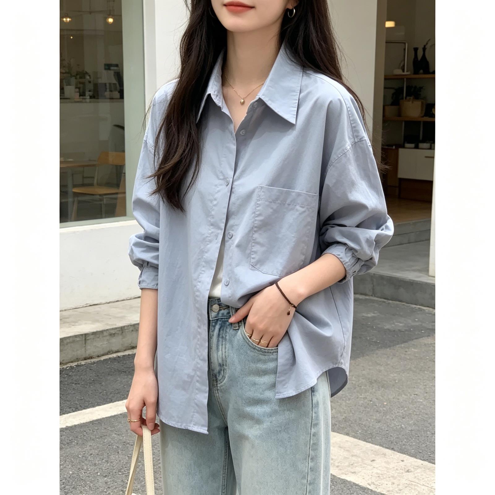 超好看纯色长袖衬衫女春