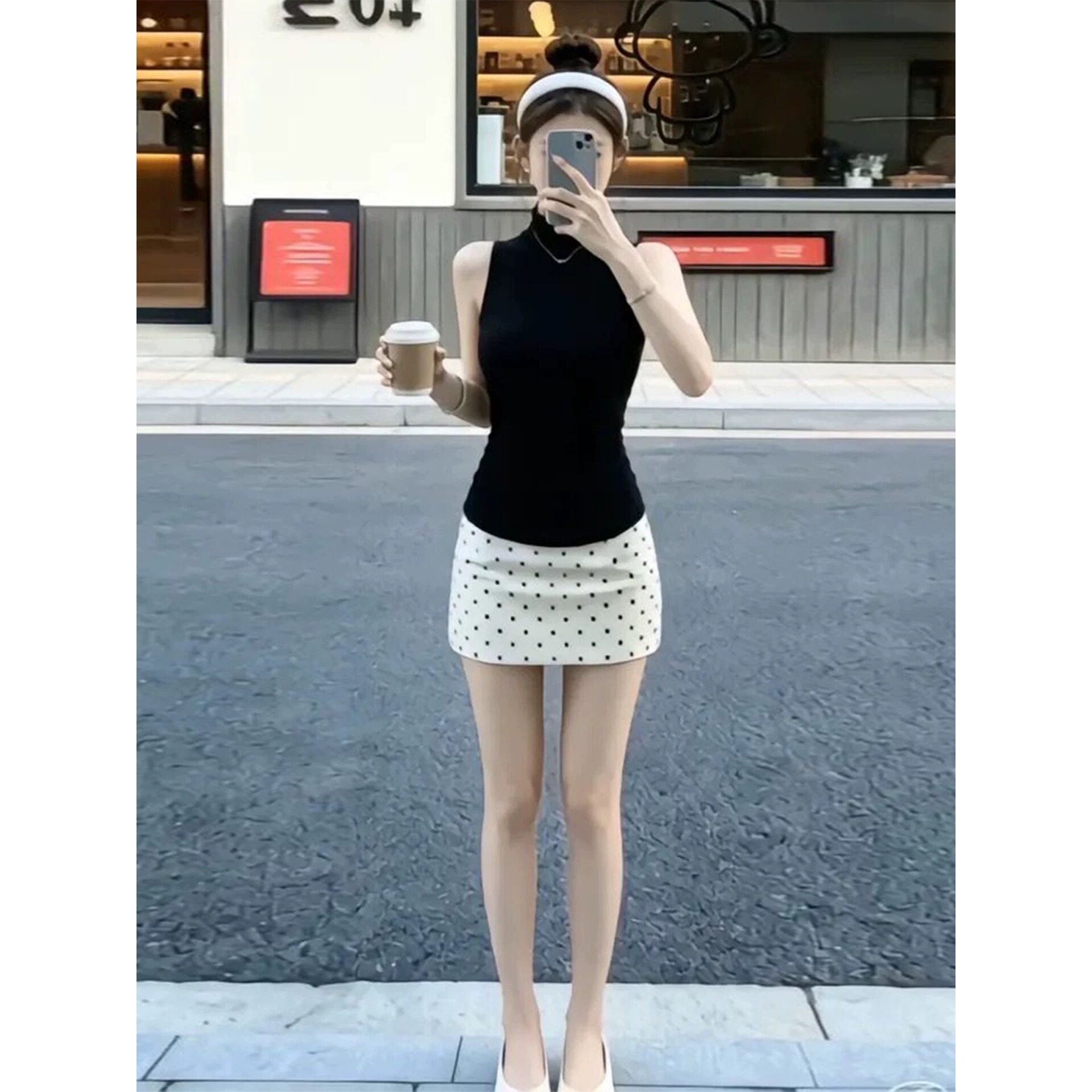 黑色半高领无袖背心无袖夏装女2026新款韩系气质米黄波点短裙套装