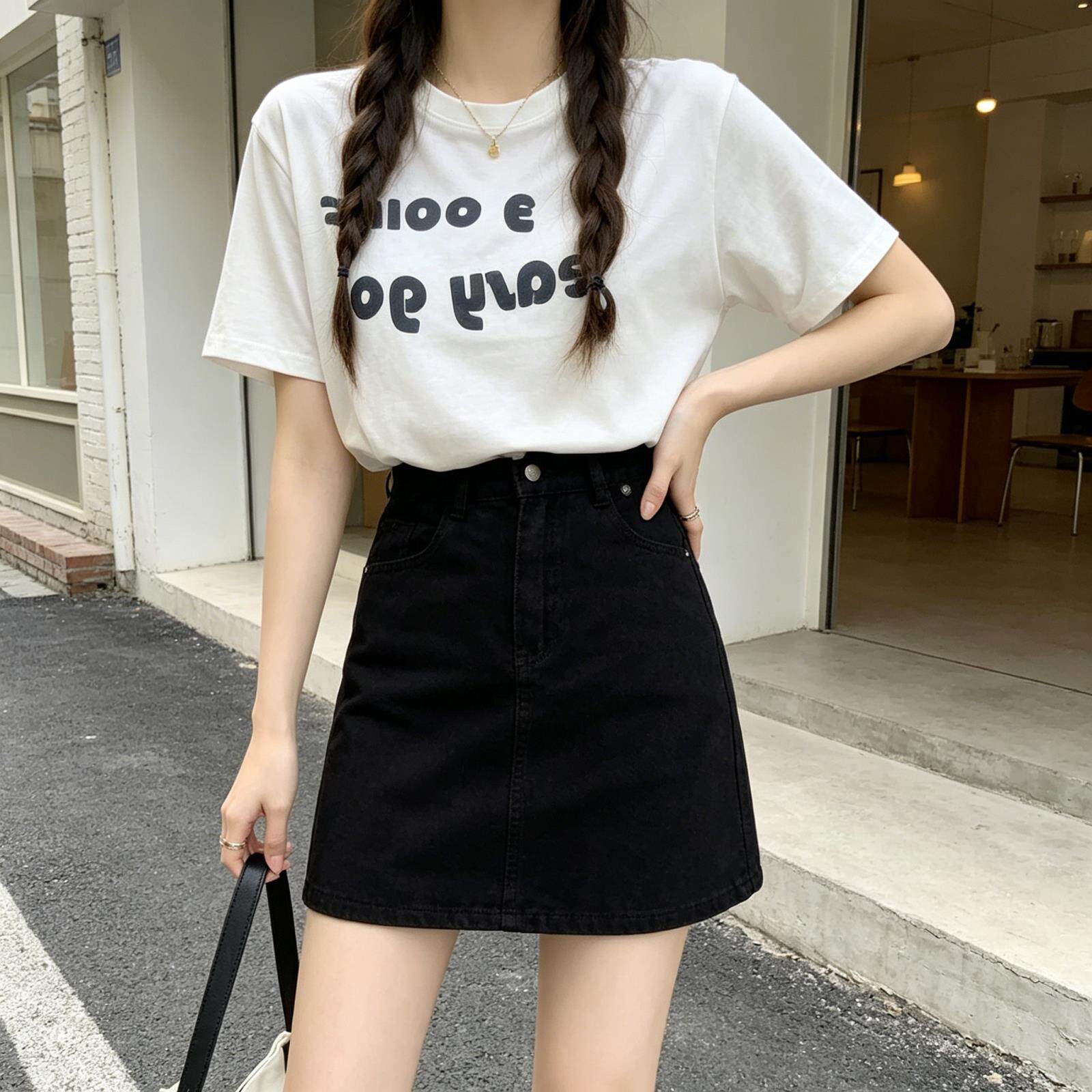 黑色牛仔短裙女新款高腰