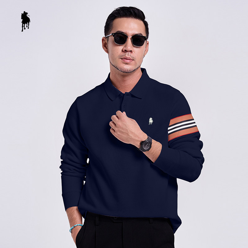 PAOLO GARAGE条纹翻领长袖POLO衫男秋冬新款商务休闲打底衫卫衣男