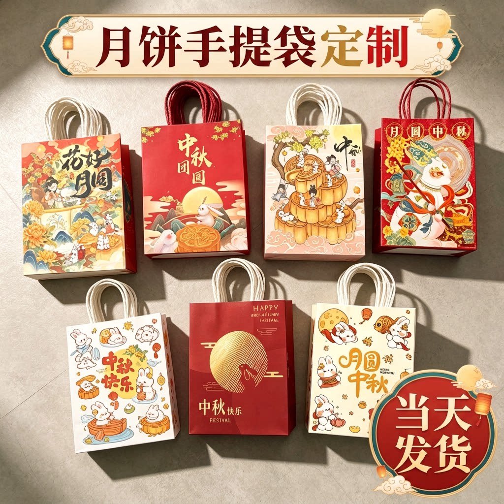 月饼手提袋高级感小号迷你中秋节礼品袋红色牛皮纸包装袋子定制