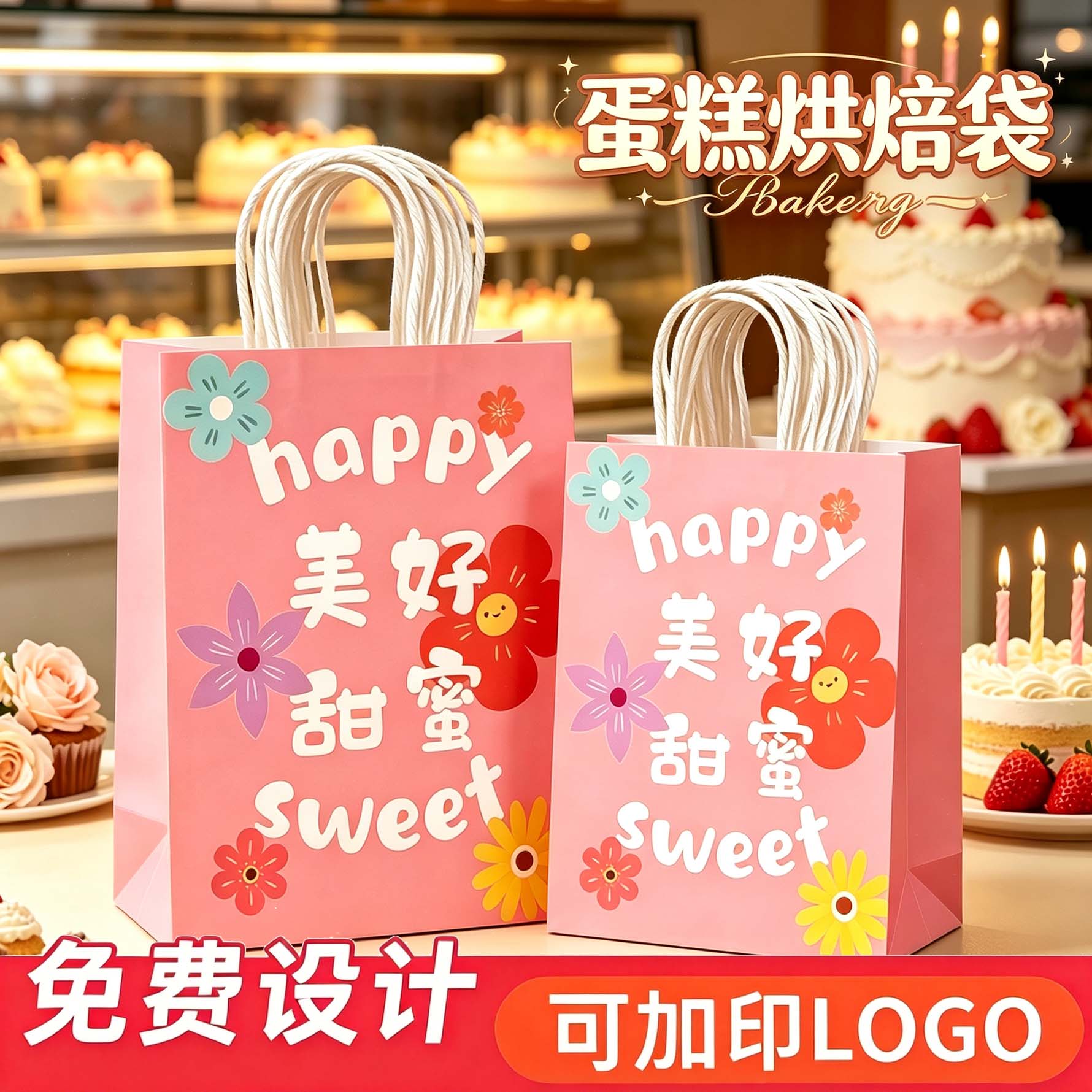 美好甜蜜礼品袋烘焙甜品打包袋牛皮纸手提袋子面包外卖包装袋定制