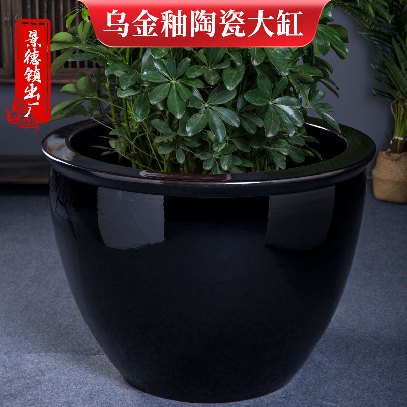 景德镇陶瓷花盆特大号乌金黑釉客厅养鱼荷花盆缸种铁树缸庭院水缸