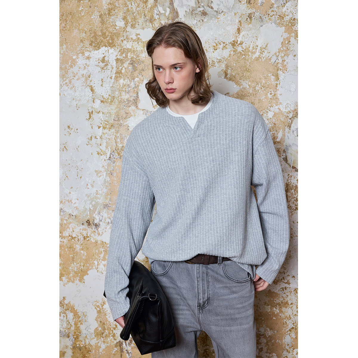 Ntalk 330克3D提花条纹针织老钱风复古肌理感长袖T恤通勤百搭打底