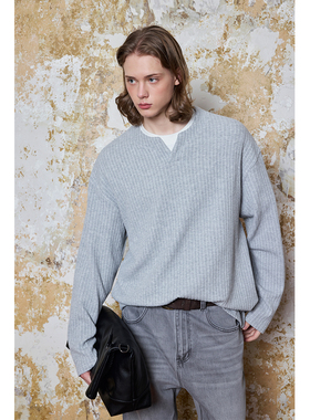 Ntalk 330克3D提花条纹针织老钱风复古肌理感长袖T恤通勤百搭打底