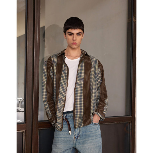 NTALK 复古撞色格子条纹拼接慵懒高级感翻领衬衫