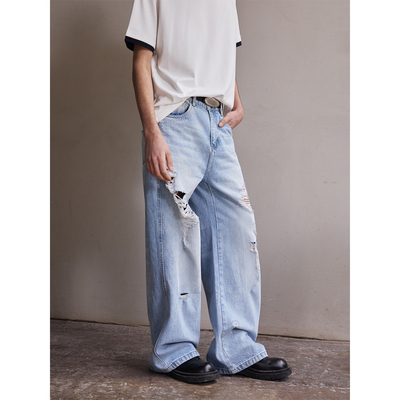 NTALK 水洗破洞吊烂磨破设计感A字版型宽松牛仔裤
