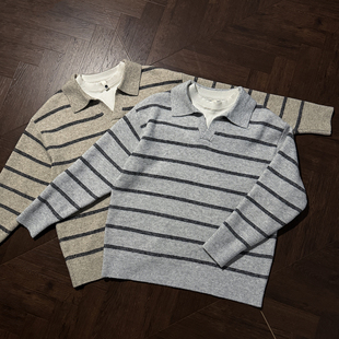 Ntalk polo领休闲毛衣秋冬男外套 羊毛混纺简约氛围感针织条纹经典