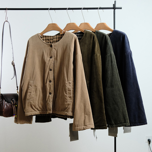 忆古朴拙原创复古港风圆领灯芯绒夹棉外套女宽松显瘦搭双面穿棉服