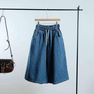 一七然冬季新品复古松紧腰系带加绒牛仔阔腿裤宽松显瘦遮胯七分裤