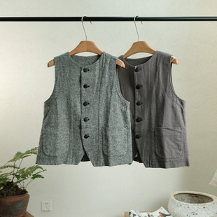 一七然冬季新款复古森系纯色拼接宽松无袖加厚夹棉亚麻马甲外套女