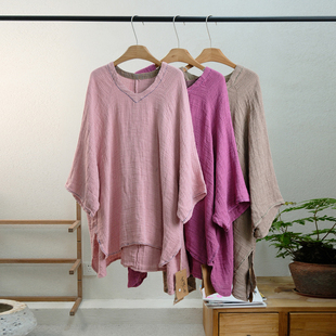 衣牧了然原创早秋新品复古民族风V领麻料多手工舒适中长款套头衫