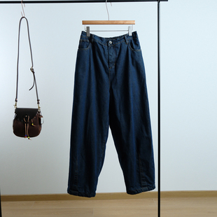 复古宽松休闲松紧腰纯色保暖百搭夹棉牛仔长裤 女装 新款 一七然冬季