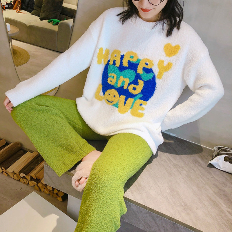 时尚字母软绵绵睡衣女秋冬季加绒加厚珊瑚绒冬天长袖家居服套装