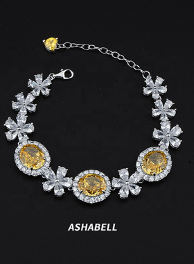 豪华925银立方锆石花黄色锆石冰切手链CZ网球链女士婚礼珠宝手链