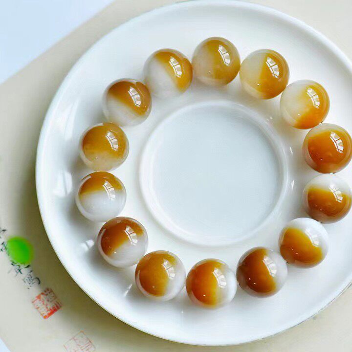 新疆且末糖白手串16mm圆珠糖白羊脂玉手链糖玉聚宝盆老红糖无优化