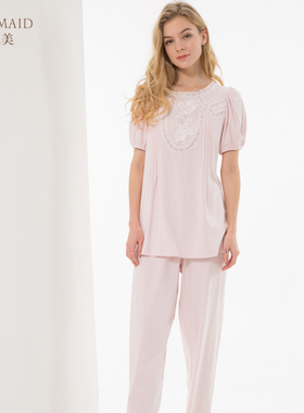 Rosemaid/罗丝美短袖睡衣裤蕾丝点缀简约纯色设计女春夏新品19065
