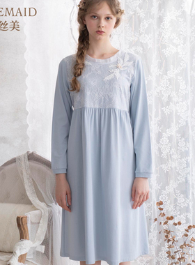 Rosemaid/罗丝美针织棉镶蕾丝贴花女式睡裙中长款秋冬新品19207