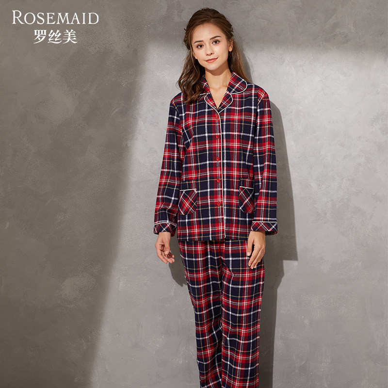 罗丝美纯棉格纹情侣款长袖睡衣女士家居服套装秋冬时尚新品11250