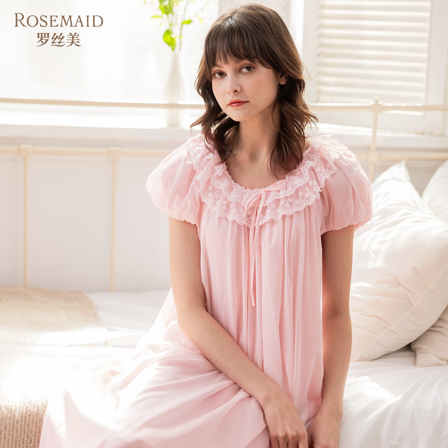 罗丝美2026春夏新款16035纯棉梭织圆领睡衣中长款女士家居服睡裙