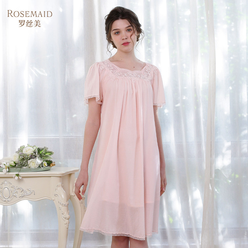 罗丝美纯棉提花家居服圆领蕾丝拼接套头女士宽松短袖睡裙13022