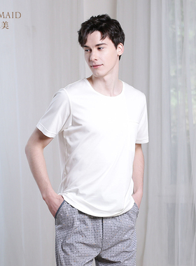 罗丝美新款短袖上衣100%棉白色家居服男士夏季休闲睡衣百搭63003