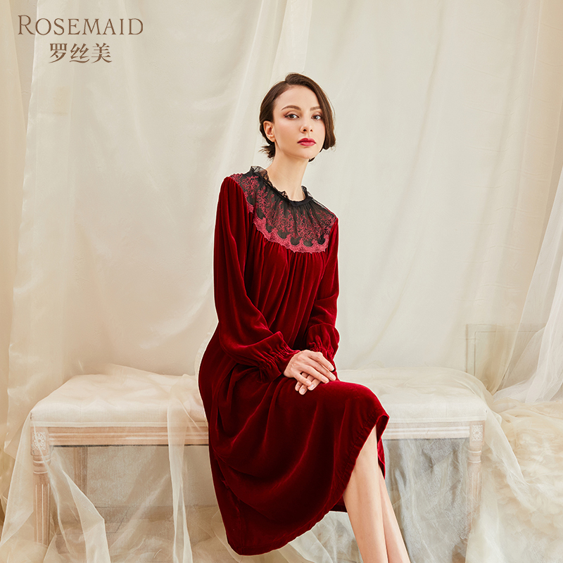 Rosemaid/罗丝美丝绒圆领镶孔雀花型蕾丝奢华长袖睡裙11213-封面