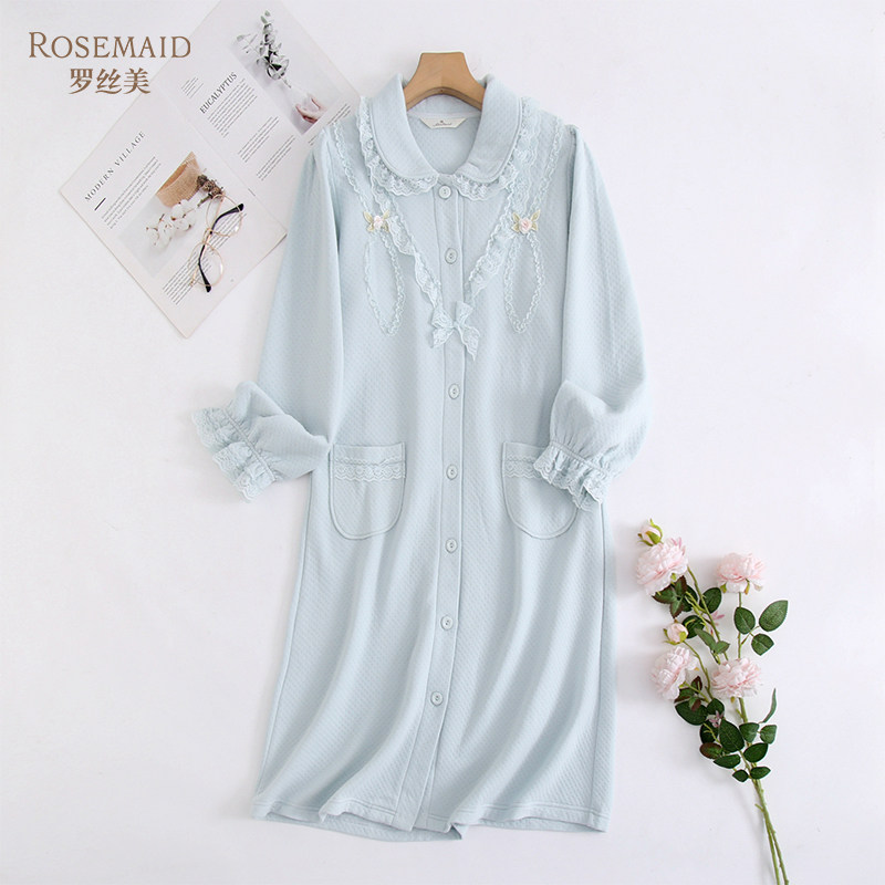 罗丝美秋冬纯棉保暖家居服小翻领全开襟镶蕾丝长袖睡裙睡袍17215,女士内衣/男士内衣/家居服,睡衣/家居服套装,淘宝优惠券,粉丝福利购,淘宝优惠卷