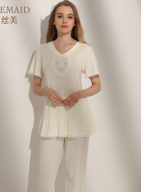 Rosemaid/罗丝美棉+莫代尔V领短袖长裤睡衣套装女春夏新款10066
