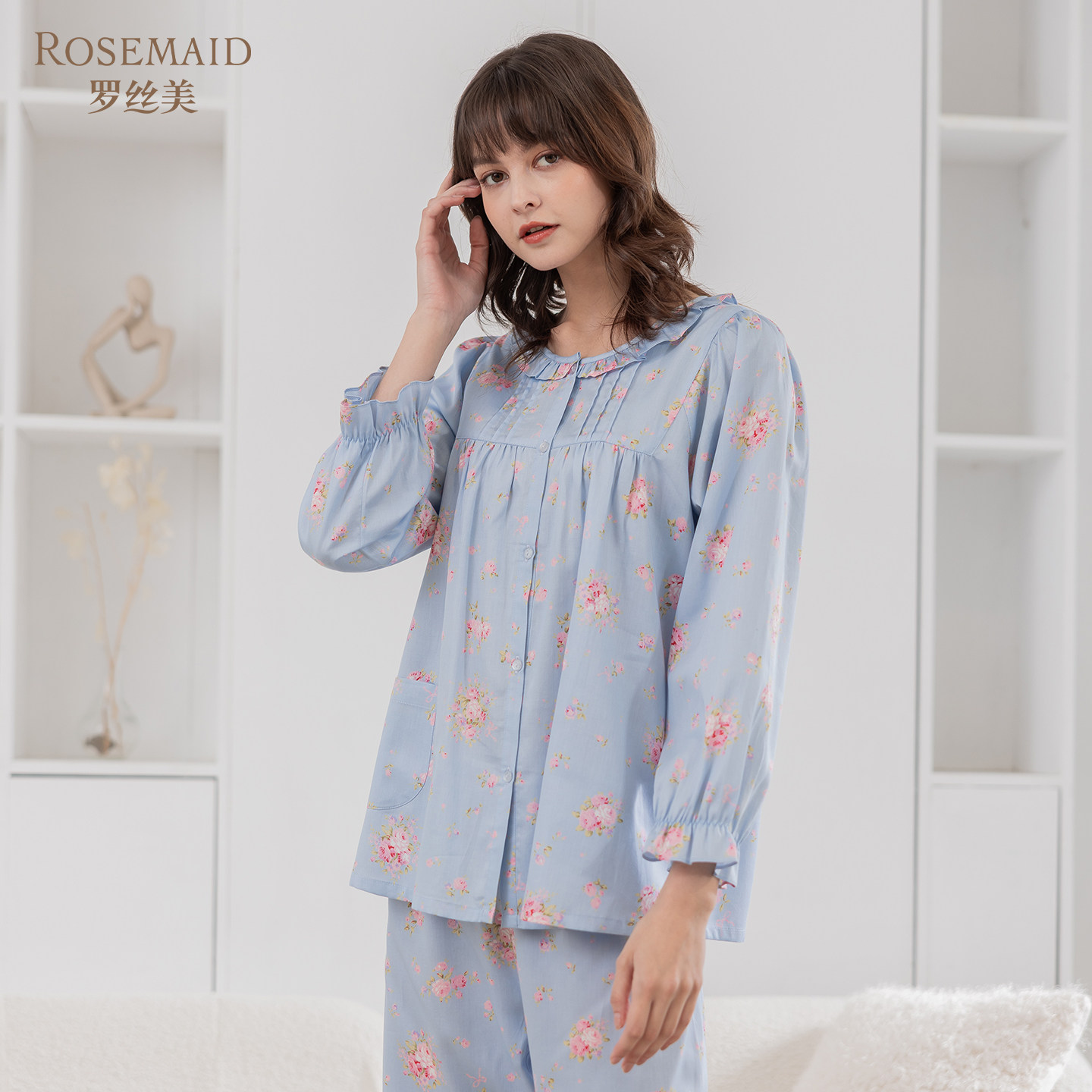 罗丝美16049纯棉贡缎印花甜美风睡衣女长袖圆领高级感家居服套装,女士内衣/男士内衣/家居服,睡衣/家居服套装,淘宝优惠券,粉丝福利购,淘宝优惠卷