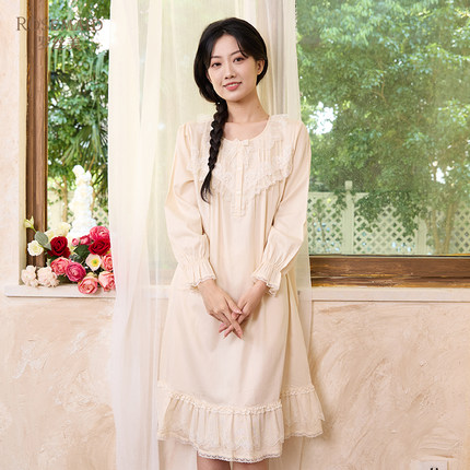 罗丝美2024秋冬新款14218全棉60支直贡圆领半开襟长袖家居服睡裙