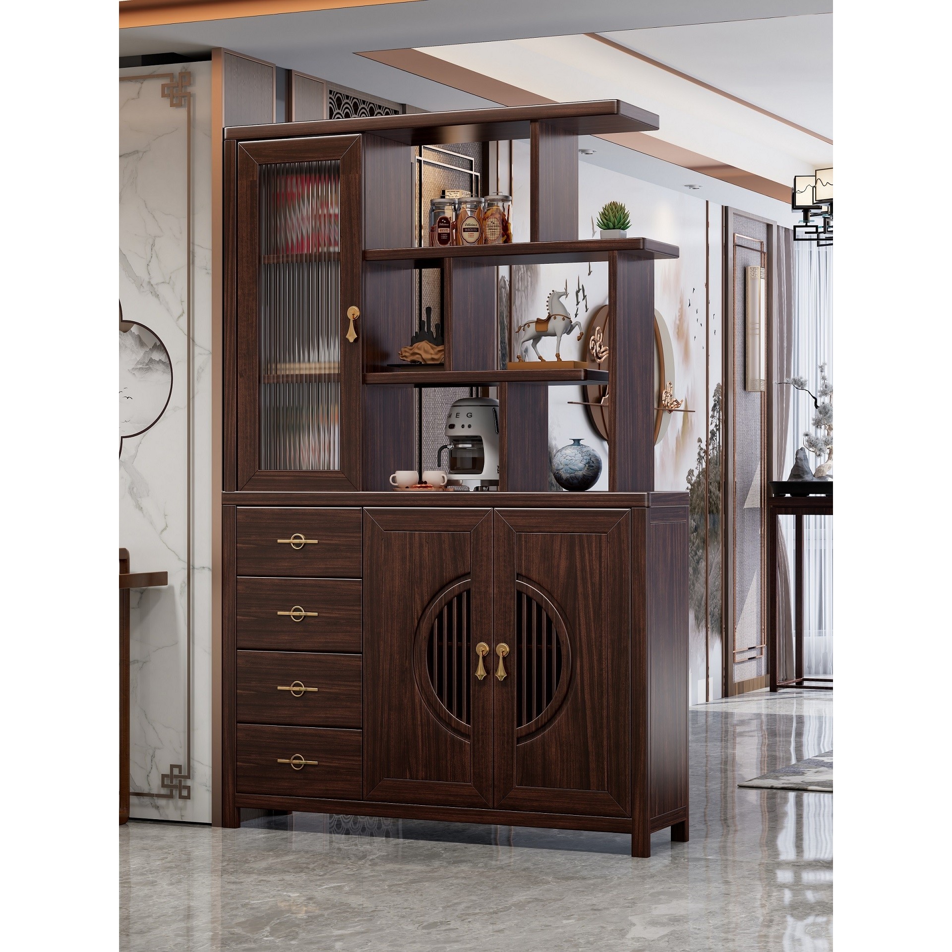 乌金木实木间厅柜屏风隔断柜客厅双面鞋柜玄关柜进门隔断柜收纳柜