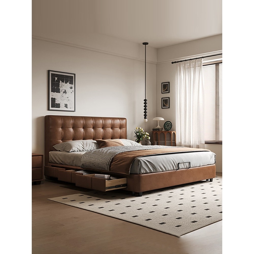 法式复古油蜡皮床轻奢主卧中古风双人床储物带抽屉棕色皮艺床