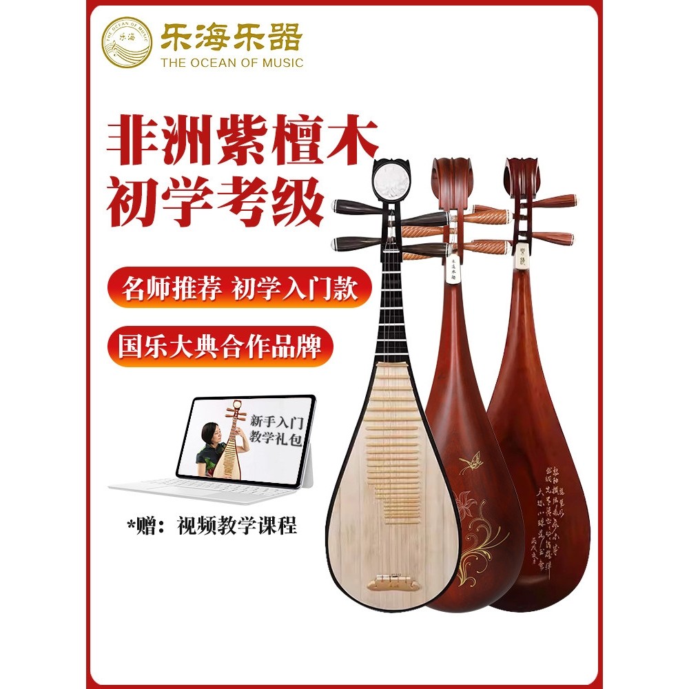 乐海琵琶乐器初学者考级非洲紫檀木花梨木原木色多款图案912