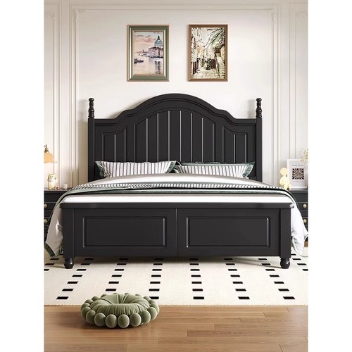 美式实木床黑色1米8双人床现代简约轻奢复古法式主卧储物床婚床